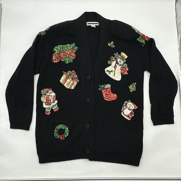 Jennifer Moore Size Medium Vintage Christmas Sequin Bead Black Cardigan Sweater - Picture 1 of 8